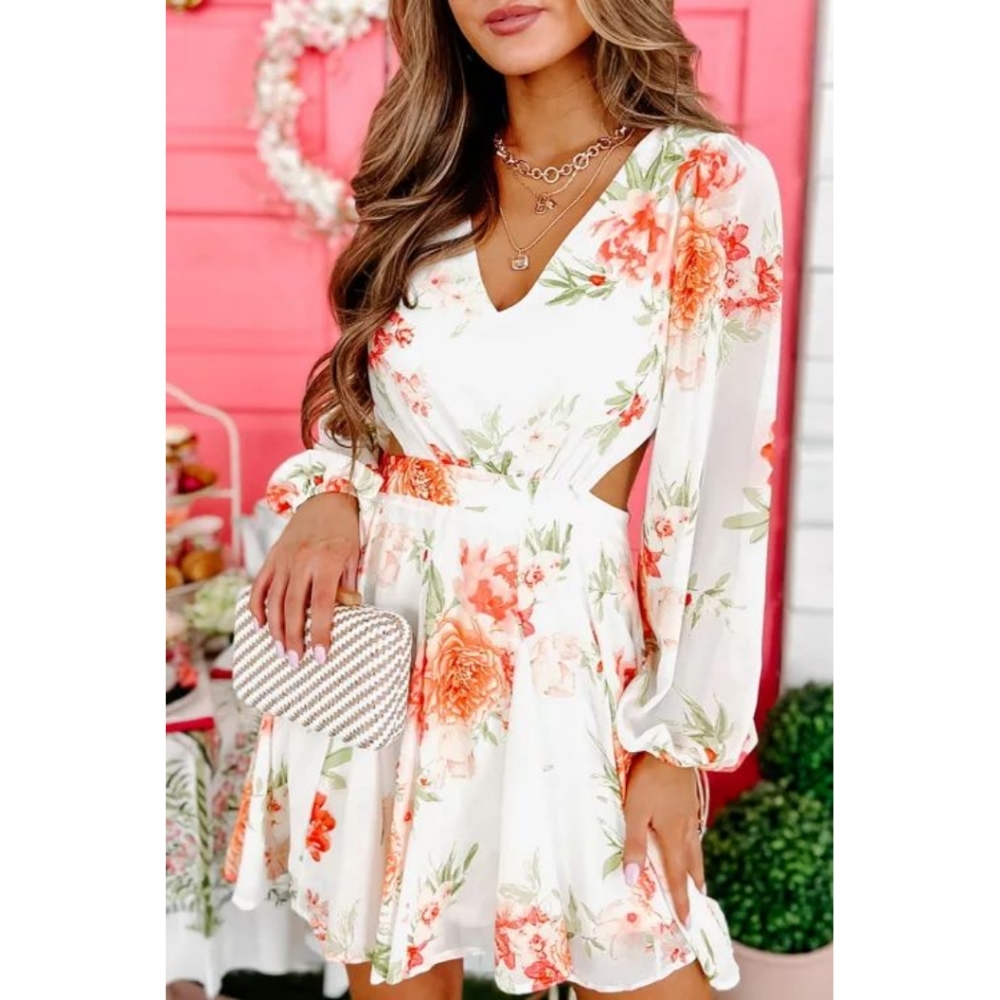 LAST ONE! Classy White DANIELLA Floral Long Sleeve Mini Dress With Cut Out - Picture 7 of 7